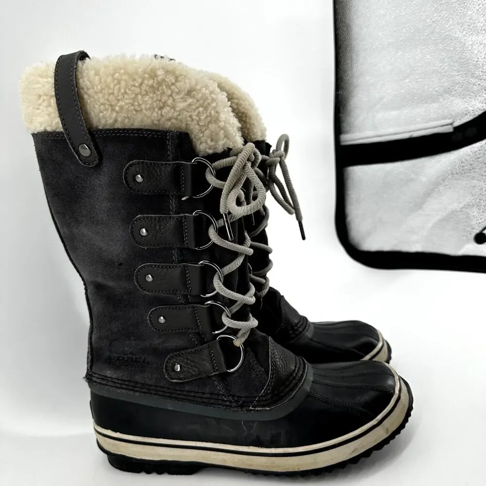Sorel Joan of Arctic Boots Leather Winter Snow Lace Up Faux Shearling Black 8.5